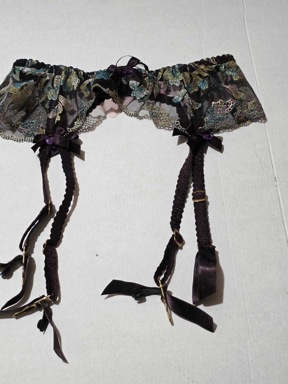 Agent Provocateur Multi-Color Floral Lace Garter Belt with Dark Purple Straps